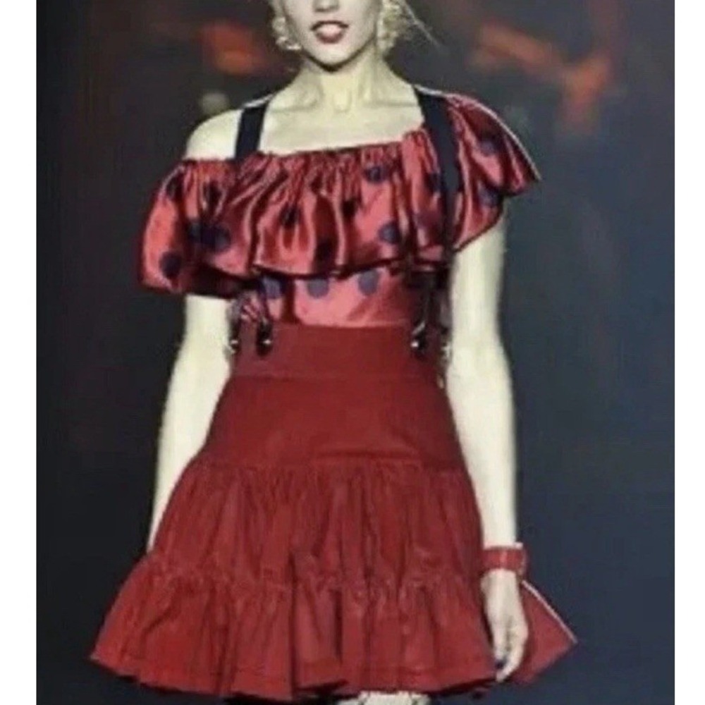 Vtg Sz 8 Betsey Johnson Y2K Houndstooth Tiered Skirt Ruffle Red Suspender RARE - Picture 6 of 6